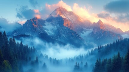  Majestic sunset illuminates a snow-capped mountain range shrouded in mist, with a dense evergreen forest in the foreground.