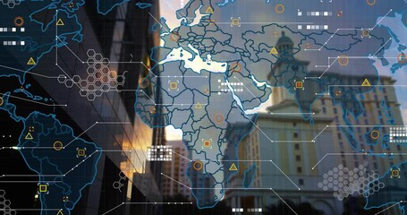 Poster - World map fading over skyline, nodes emerging, grids animating, arrays scrolling, interface pulsing