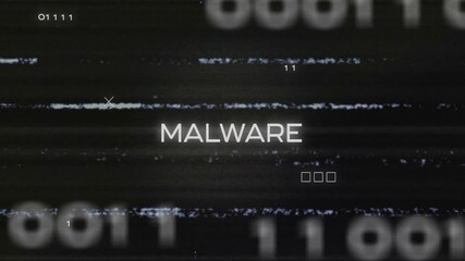 Poster - Binary digits drifting over dark screen starting glitching morphing into MALWARE pulsing circuits