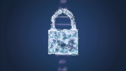 Poster - Network icon coalescing into cloud becoming padlock on encryption cue, forming shield securing data
