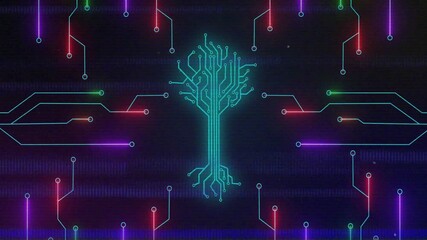 Poster - Neon circuit emerging, assembling, pulsing, receding after glitch flickering for network cycle