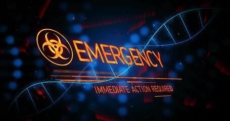 Poster - Upon starting biohazard icon sliding DNA helix rising text morphing into emergency signaling action