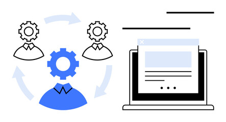 Poster - Professionals represented by gears connected in circular workflow alongside a laptop screen with interface design. Ideal for teamwork, automation, project management, productivity, communication