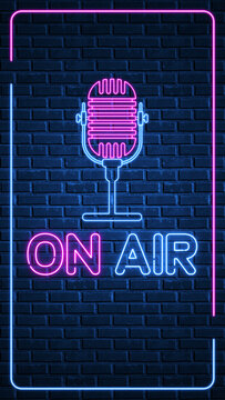 neon lights on air text on blue brick wall, live podcast streaming and broadcasting vertical social media design element	