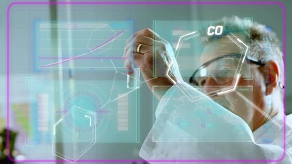 Poster - Scientist lifting tube initiating technology chart and molecular network overlays for lab analysis
