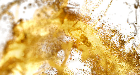 Fototapete - Golden Particles Explosion, Abstract Background, Dust, Sand, Glitter, Shimmer, Luxury, Texture, Design Element, White Background,  High Resolution