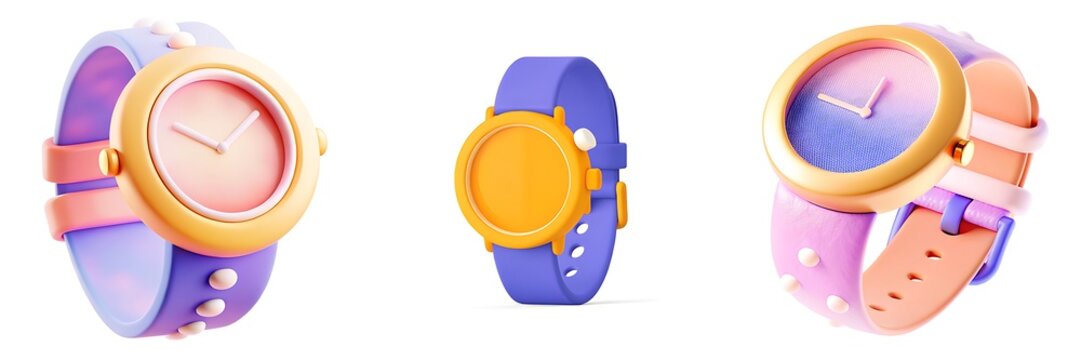 Colorful 3d rendered set of wristwatch icons displaying time and fashion on a clean white background