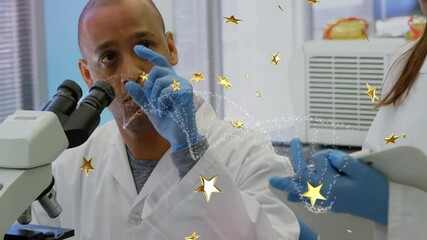 Poster - Male scientist adjusting microscope focus and showing golden star overlays in lab for data analysis