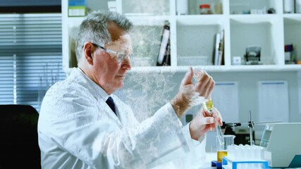 Poster - Senior lab scientist reaching test tube and pipetting sample for analysis amid digital particles