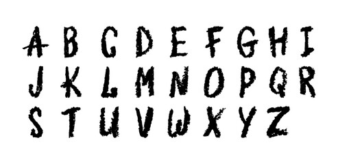 Poster - English alphabet hand-drawn in a crayon. Capital black letters in chalk, pastel, or wax style. Highlighter effect on white board for kindergarten drawing and learning. Cartoon vector illustration.