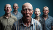 © janzwolinski - Group of shocked people with shaved heads and blood stains expressing fear and dismay