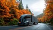 © Pixelzone - A stunning image of futuristic semi-truck navigates an autumn highway, surrounded by lush forests and modern technology. The vehicle's autonomous system is active.
