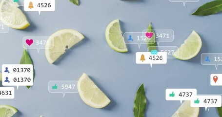 Poster - Lime wedges and green leaves starting icons floating upward visualizing engagement over pastel blue