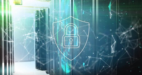 Poster - Light spilling through door sparking mesh pulsing behind padlock shield showing data security
