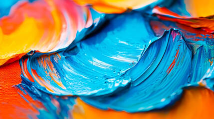 Aufkleber - A vibrant assortment of blue paint merges beautifully with warm orange and yellow tones on a textured canvas, capturing the essence of artistic exploration