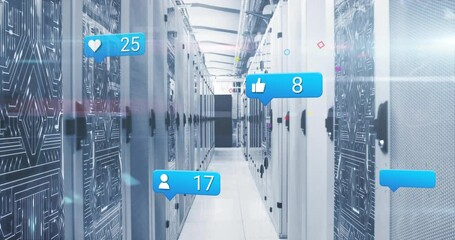 Poster - Starting empty server corridor, thumbs-up bubble floating then icon bubbles drifting showing data