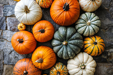 Poster - A vibrant collection of pumpkins in shades of orange, white, and green arranged artistically on a textured stone surface during autumn