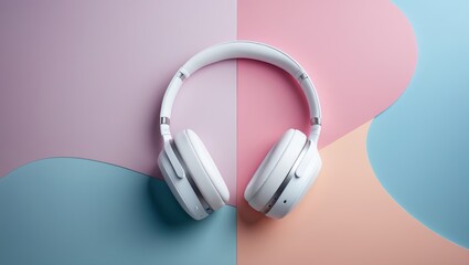 Poster - white wireless earbuds on a split pastel background of pink and blue. flat lay.