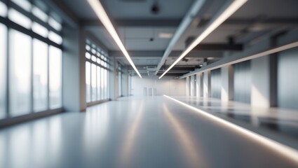 Poster - Empty office with windows in blur. Perspective view. Well-lit space. Blurred industrial area.