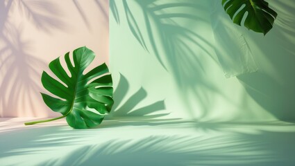 Wall Mural - pastel background with shadows from green tropical leaves. minimalistic summer concept showcasing pa