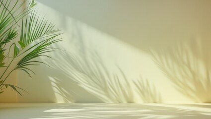 Wall Mural - pastel aesthetic photo capturing a summer scene with plant shadows on light yellow paper.