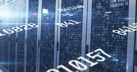 Poster - Server cabinets binary digits launching flowing numbers drifting diagonally showing data transfer