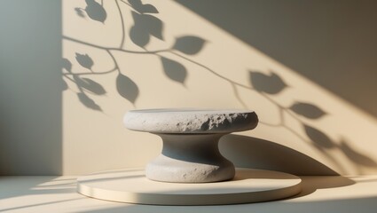 Poster - Stone round pedestal with leaf shadows on the wall background. Template for mockup, banner, front view stand stage for beauty and cosmetic design concepts.