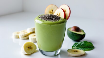 Poster - smoothie made with avocado, banana, and apple in a green vegan blend.