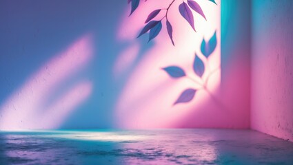 Poster - Summer Pink and Purple Abstract Background Overlay with Sun Shadow and Leaf on a White Gradient Color Blurred Room, Cement Floor and Wall Backdrop for Beauty Cosmetic Product Presentation with