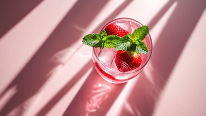 Poster - close-up of a refreshing summer cocktail featuring mint and strawberry infused water on a pink surfa