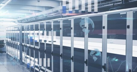 Poster - On startup server racks glowing blue then projecting globe, showing bar graphs and scanning racks