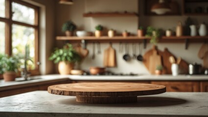 Poster - Pedestal with wooden board in kitchen decor. Blurred background for mockup.