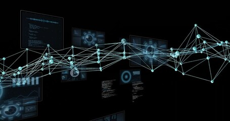 Poster - Turquoise network drifting in triggers UI panels appearing and connections forming for data display