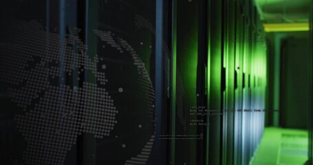 Poster - Faint green lighting initiating servers glowing and dotted globe rotating visualizing data points