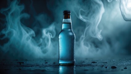 Poster - icy wet open beer bottle with smoke behind