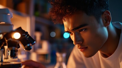 Poster - young scientist examines specimen under microscope in laboratory setting during evening hours