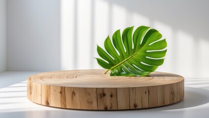 Poster - Rustic pine disc platform with tropical leaf and light shadow on a white background