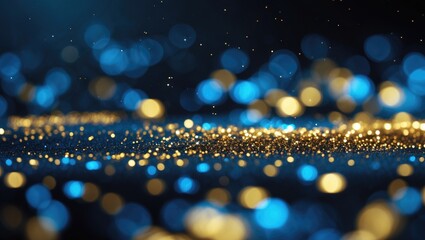 Poster - De-focused lights in black, blue, and gold create an abstract glitter background.
