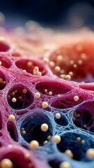 Poster - Highly detailed cross-section of cellular tissue with intricate mesh of membranes and golden particles, symbolizing molecular interaction or scientific visualization