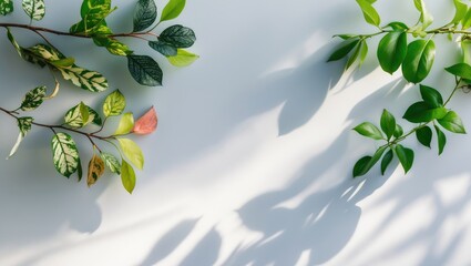 Poster - Colorful leaf design on a white surface, incorporating shadows. Minimalistic summer exotic idea with blank space.