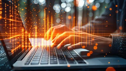 Poster - Close-up of hands typing on a laptop with colorful stock charts displayed, set against a glowing city background with bokeh lights