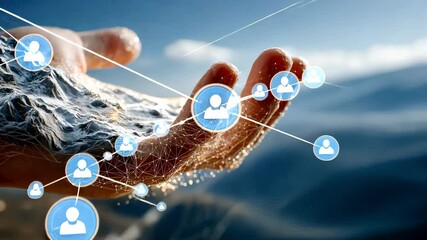 Poster - Outstretched hand holds a holographic mountain range constructed from glowing digital mesh