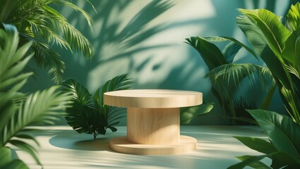 Poster - Cosmetics product promotional display. Wooden exhibition platform set against palm leaves and shadows. Unoccupied pedestal for product packaging presentation.