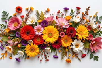 Poster - arrangement of colorful dried flowers and foliage in a loose circular design, flat lay, bright natural lighting