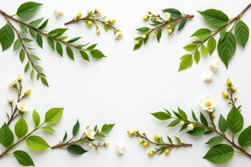Poster - top down view of various green leaves and small flower sprigs arranged in a wreath shape on a clean white surface