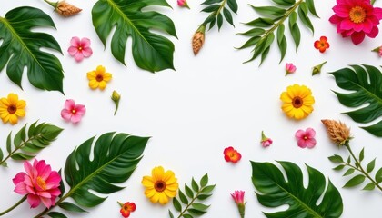 Poster - top down view of tropical leaves and floral elements artistically scattered on a white background