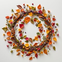 Poster - flat lay of colorful dried leaves and small flowers arranged in a rough spiral on a light background