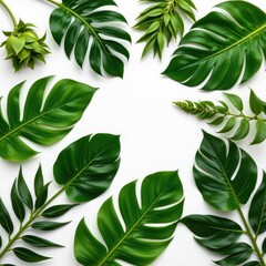 Poster - flat lay of tropical foliage with varying shades of green, arranged in a natural pattern on a white background