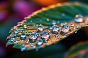Poster - surreal digital art of water droplets magnified into shimmering crystals on a leaf