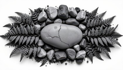 Poster - black and white high contrast photograph of ferns and stones arranged symmetrically